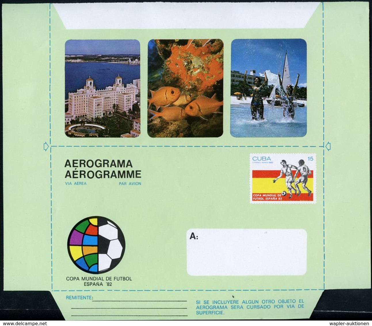 CUBA 1982 Sonder-Aerogramm 15 C. "Fußball-WM '82" (Spanien) = Fußball, Fußballer Etc., Ungefaltet, Postfr. - - Andere (Lucht)
