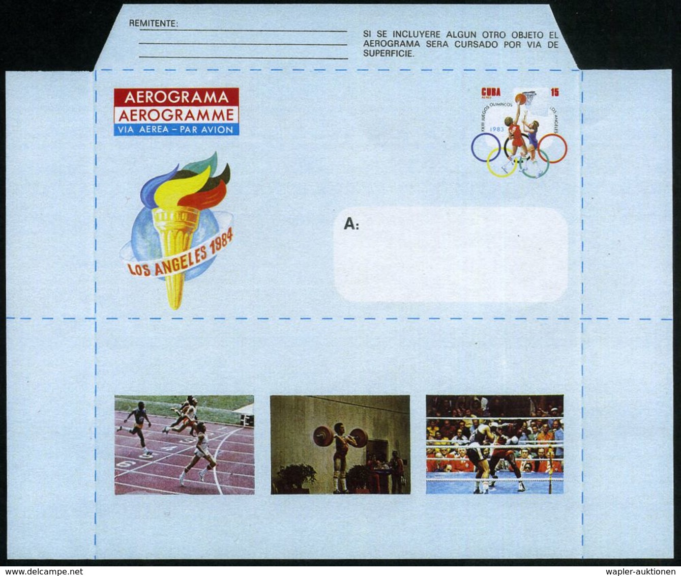 CUBA 1984 15 C. Sonder-Aerogramm: Olympiade Los Angeles = Basketball / Fackel , Rs. Sprint, Gewichtheber, Boxen, Ungefal - Altri (Aria)