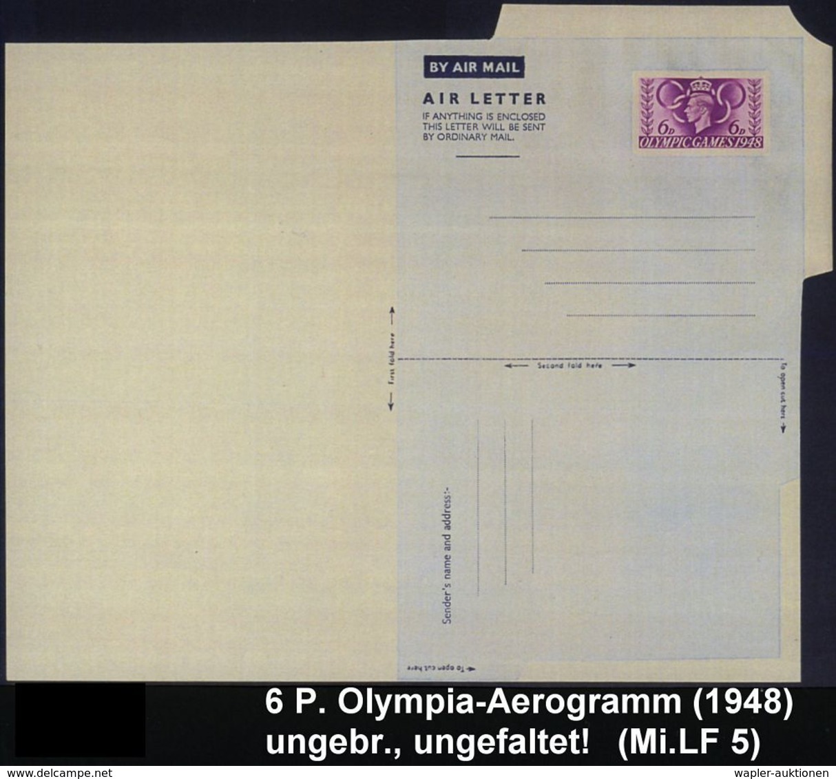 GROSSBRITANNIEN 1948 6 D. Olympia-Aerogramm , Ungebr., U N G E F A L T E T  =  Selten!  (Mi.LF 5) - - Andere (Lucht)