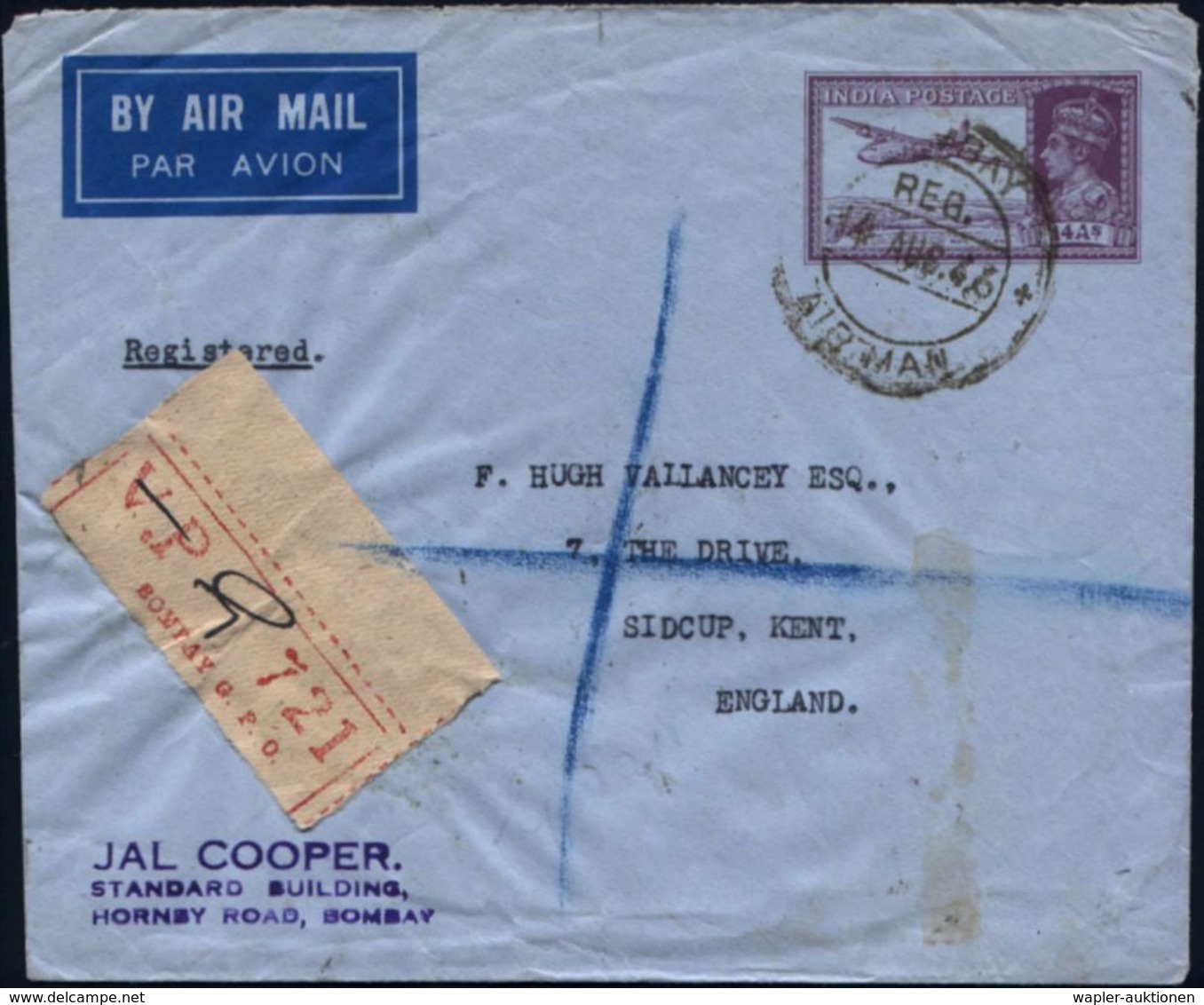 INDIEN 1946 (14.8.) 14 A. Aerogramm, Flugzeug, Viol. + Rs. Zusatzfrankat. Paar 1 1/2 A."Victory", Provis. RZ: BOMBAY G.P - Autres (Air)