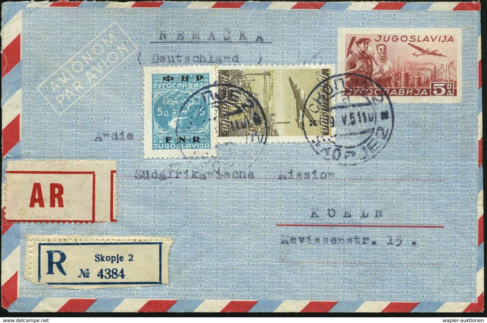 JUGOSLAWIEN 1951 Aerogramm 5 Din. Industrie, Rotbr., Zusatzfrankatur 10 Din.Flp. (Mi.519 U.a.) Bl. RZ: Skopje 2 + Roter  - Altri (Aria)