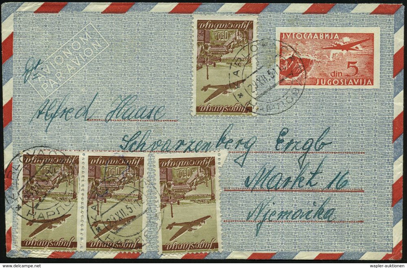 JUGOSLAWIEN 1951 (29.12.) LU 5 Din., Rot + Zusatzfrankat. 4x 0,50 Din. Flp. (Mi.4x 515) 3x 2K: KARLOVAC  (rs.Klappenriß) - Andere (Lucht)