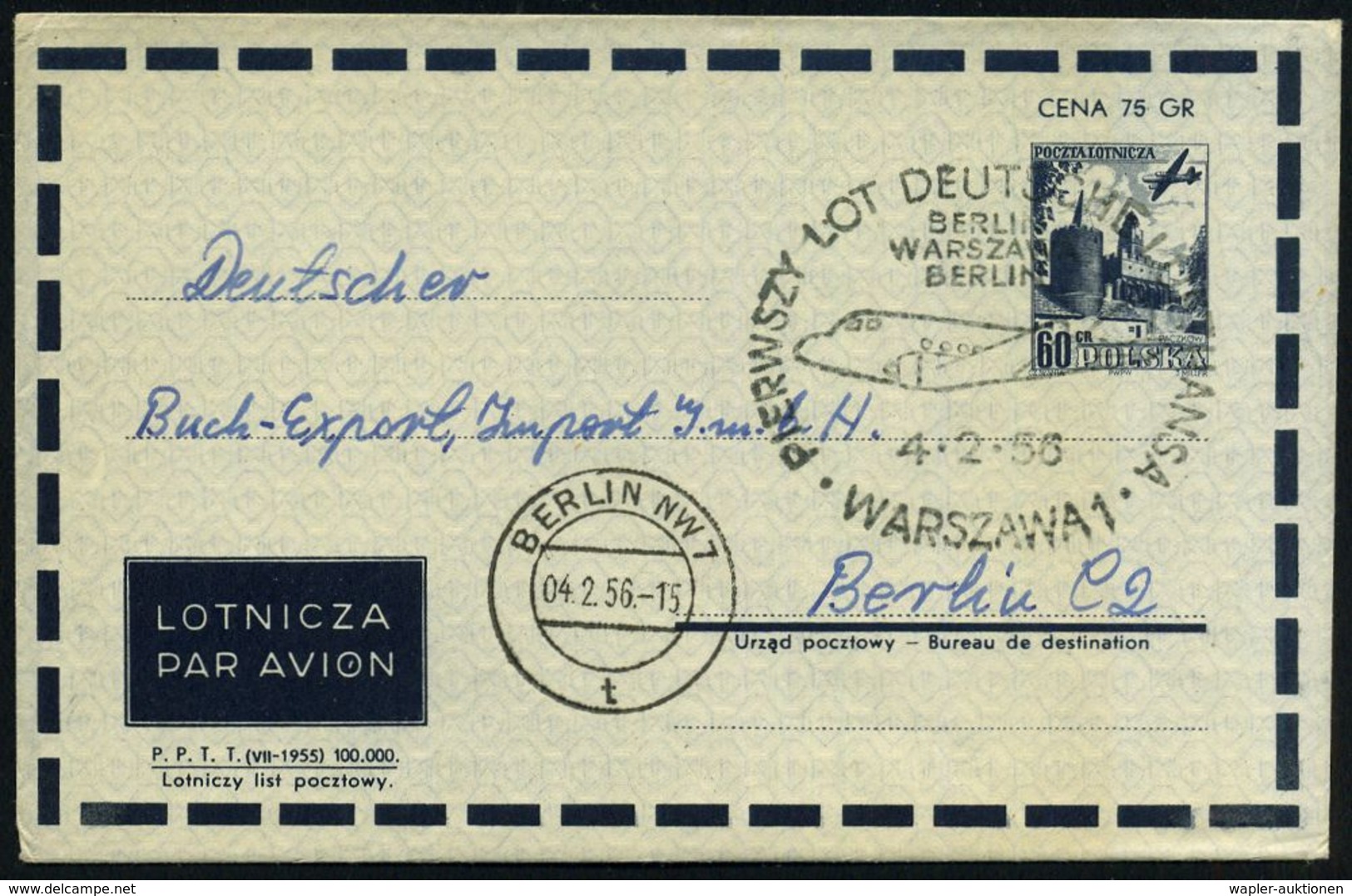 POLEN 1956 (4.2.) DLH-Ost, Erster DLH-Rückflug Warschau - Berlin (VS: AS) 60 Gr. Aerogramm + Flp.-SSt: WARSZAWA 1../LOT  - Andere (Lucht)