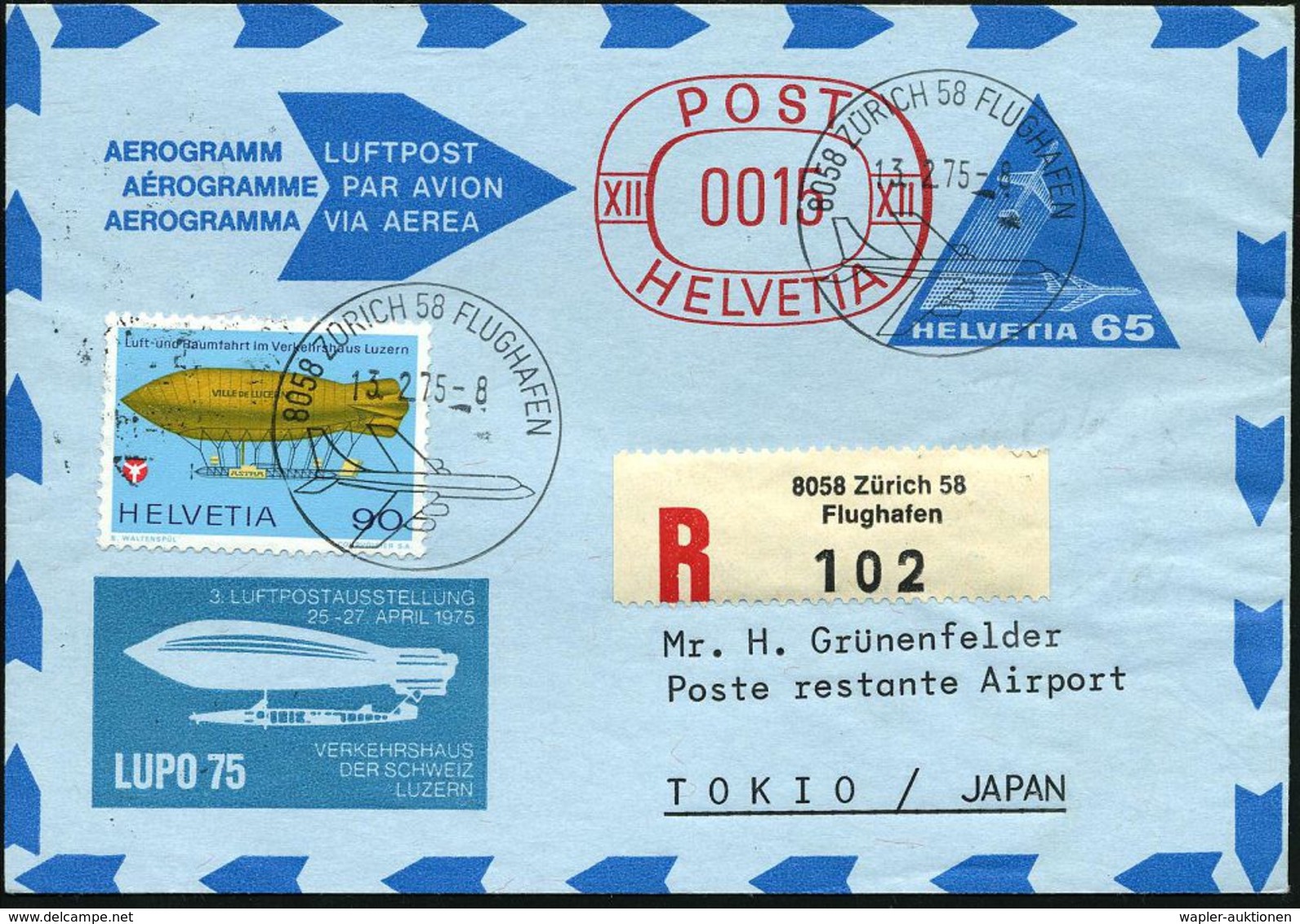 SCHWEIZ 1975 (13.2.) Amtl.Aerogr. 65 C. + Freistempel-Zudruck 0015 C./XII + Zudruck: LUPOSTA (Luftschiff "Ville De Lucer - Altri (Aria)