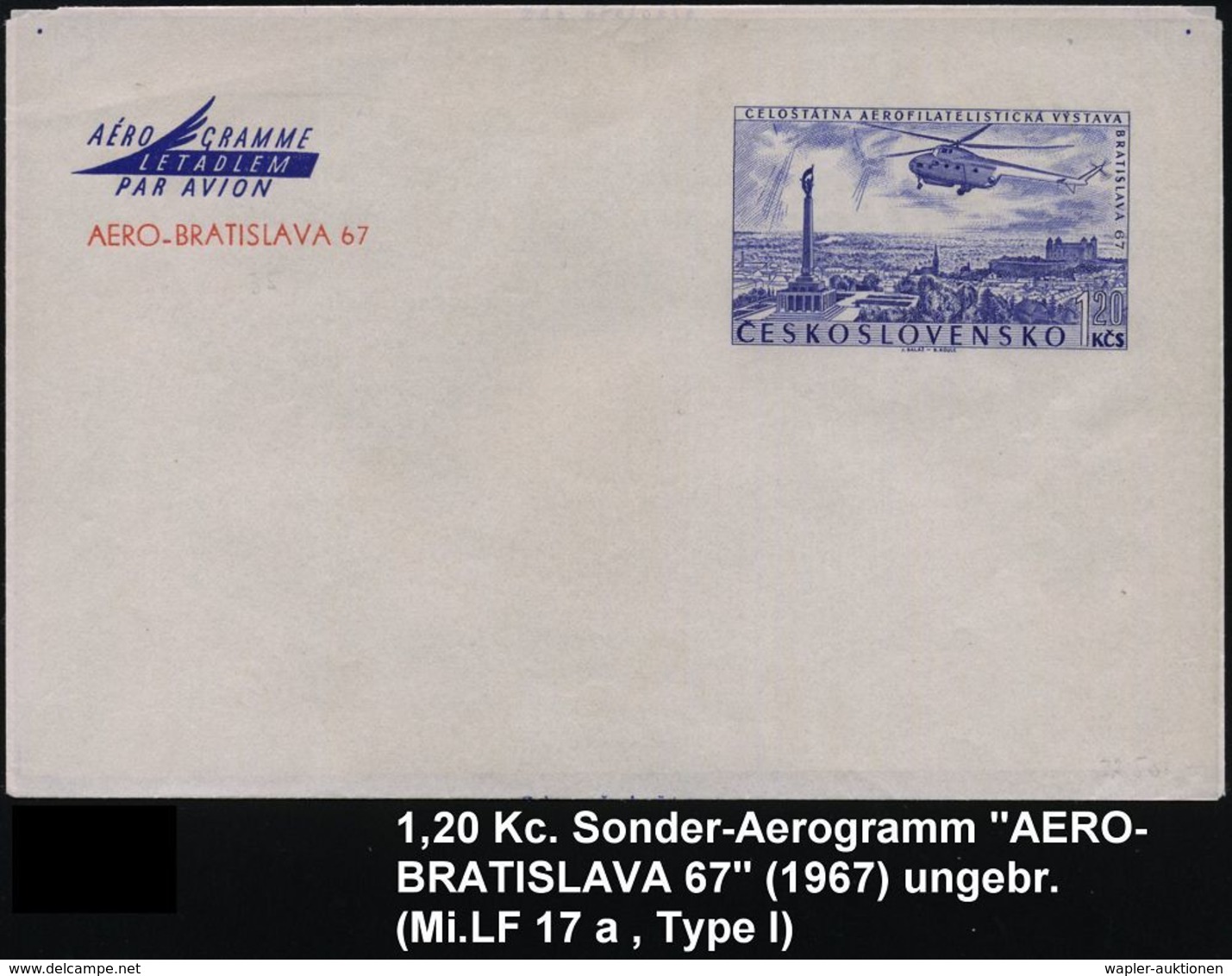 TSCHECHOSLOWAKEI 1967 20 Kc. Sonder-Aerogramm: AERO-BRATISLAVA = Helikopter (= Luftpost-Ausstellung), Ungebr. (Mi.LF 17  - Andere (Lucht)