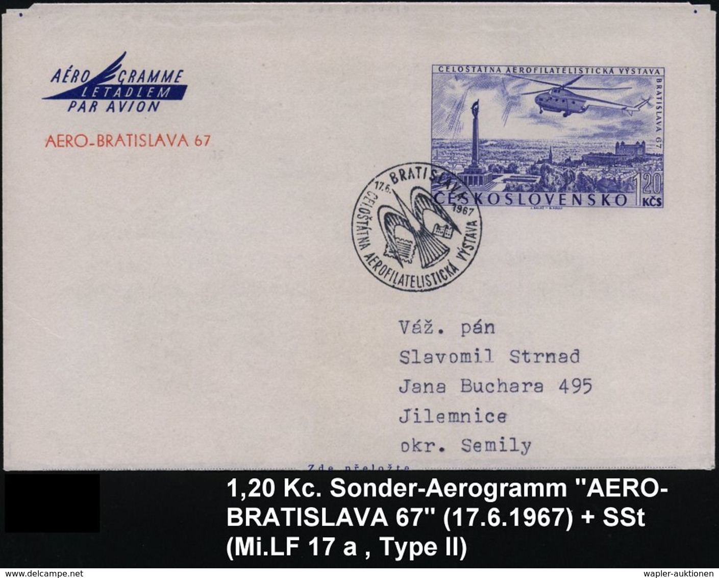 TSCHECHOSLOWAKEI 1967 (17.6.) 20 Kc. Helikopter-Sonder-Aerogramm "AERO-BRATSLAVA 67" + Ausstellungs-SSt. , Klar Gest. In - Sonstige (Luft)