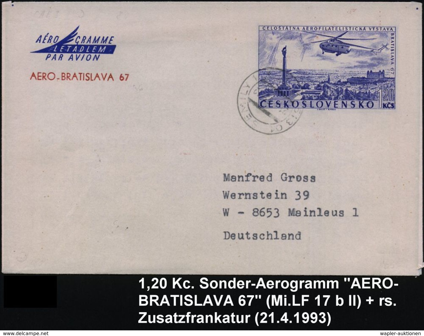 TSCHECHOSLOWAKEI 1993 20 Kc. Sonder-Aerogramm: AERO-BRATISLAVA 67 = Helikopter (= Luftpost-Ausstellung) + Rs. Zusatz-Fra - Andere (Lucht)