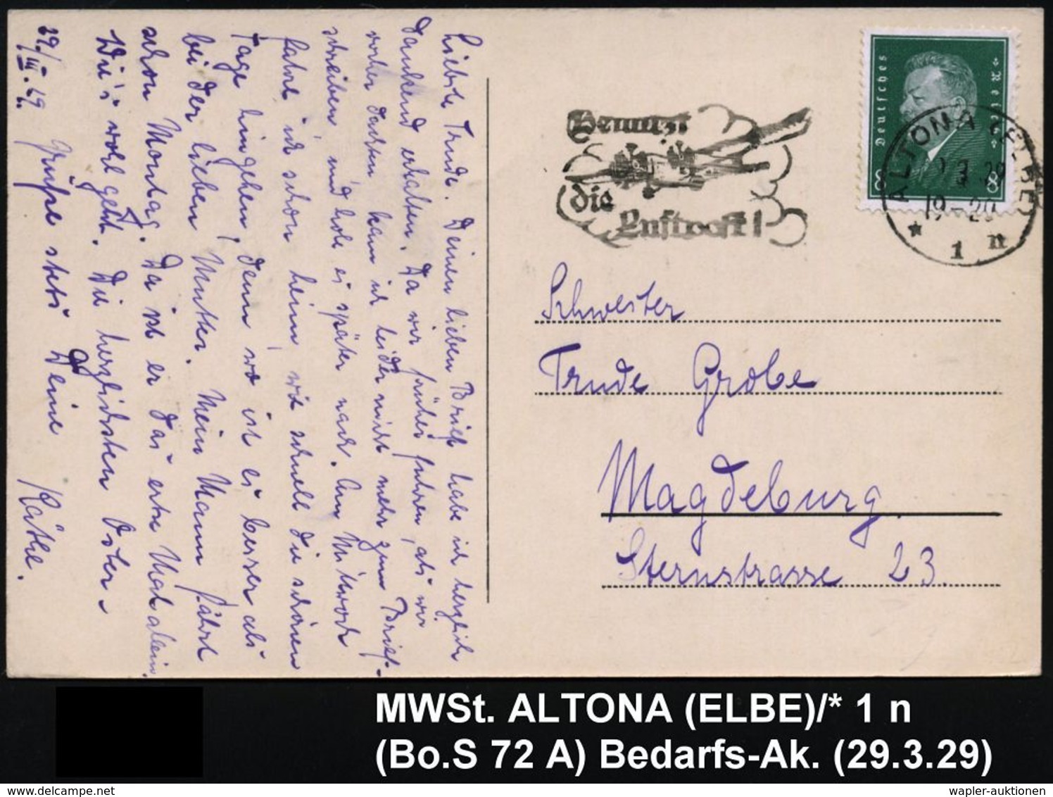 ALTONA (ELBE)/ *1n/ Benutzt/ Die/ Luftpost! 1929 (19.3.) MWSt = 3mot.-Flugzeug , Klar Gest. Bedarfs-Ak.: Pinguin-Brunnen - Andere (Lucht)