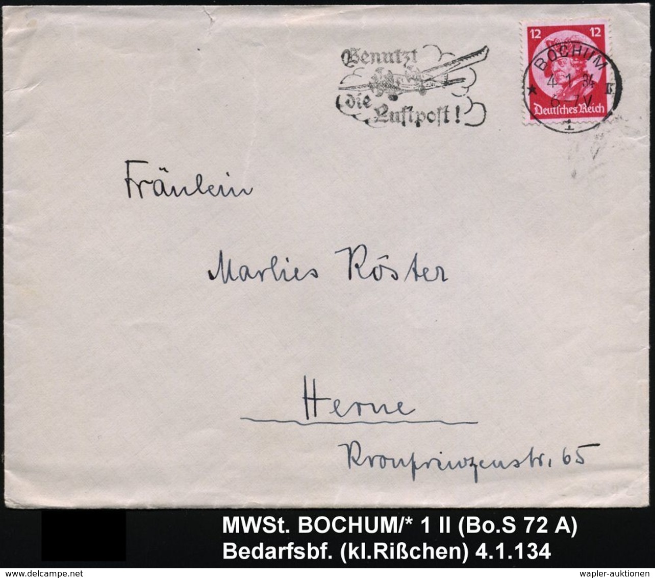 BOCHUM/ *1II/ Benutzt/ Die/ Luftpost! 1934 (4.1.) MWSt = 3-mot. Flugzeug , Klar Gest. Fern-Bf. (Bo.S 72 A) - - Andere (Lucht)