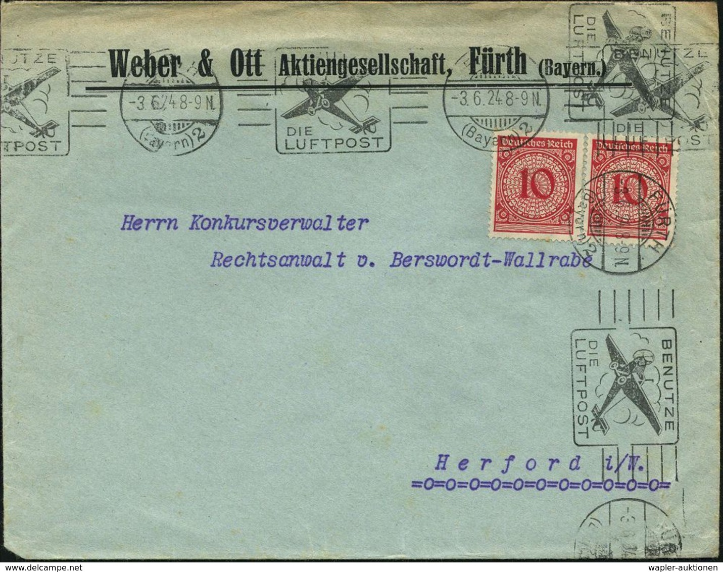 FÜRTH/ (Bayern)2/ BENUTZE/ DIE/ LUFTPOST 1924 (3.6.) Sehr Früher BdMWSt = Junkers "F 13" , 2 Abdrucke! Auf MeF 10 Pf. Ko - Andere (Lucht)