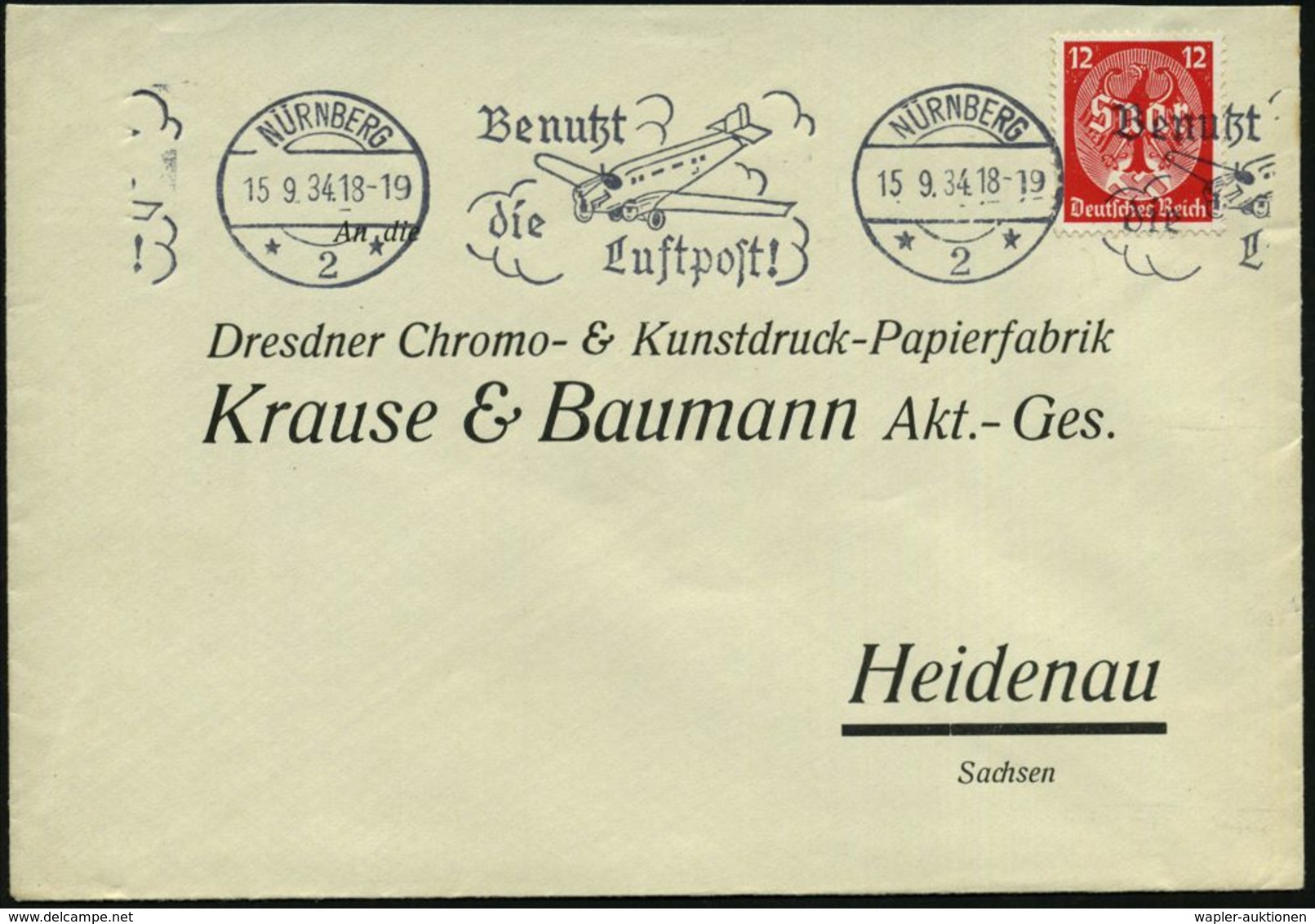 NÜRNBERG/ *2*/ Benutzt/ Die/ Luftpost! 1934 (15.9.) BdMWSt = Junkers "G 24" , Klar Gest. Firmenbf. (Bo.S 71 Bd) - - Andere (Lucht)