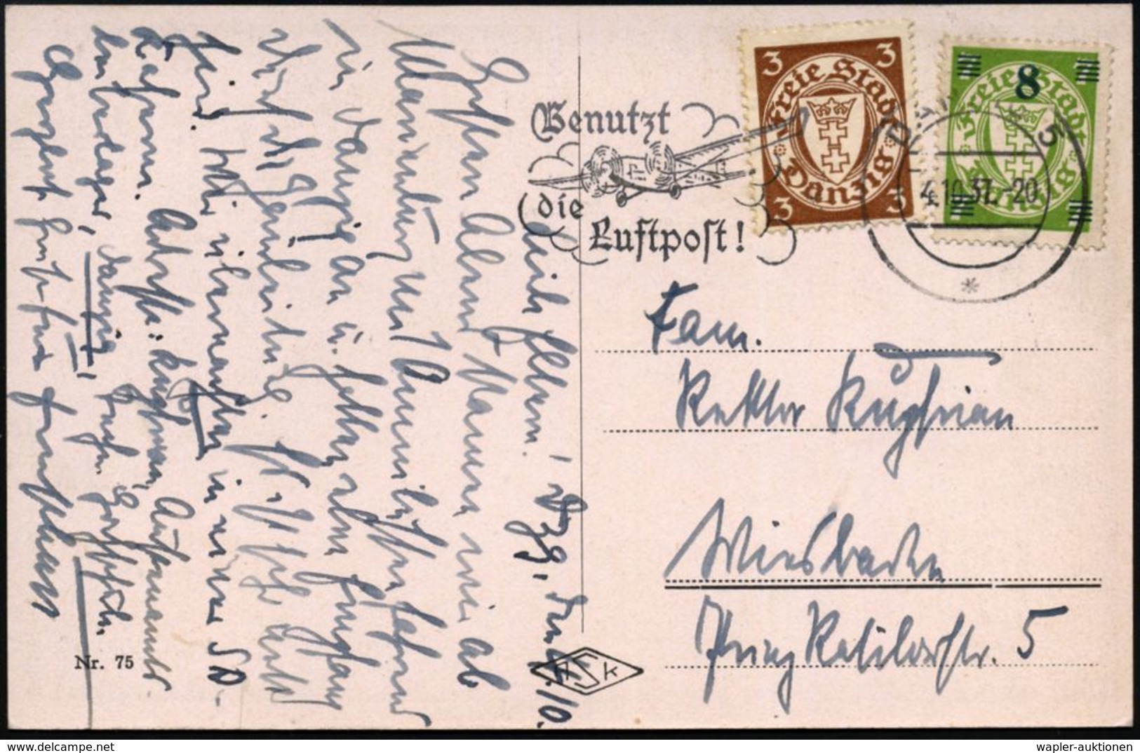 DANZIG 1937 (4.10.) MWSt.: DANZIG 5/*/Benutzt/die/Luftpost! Auf Danzig 3 Pf. U. 8/7 Pf. (Mi.216, 241 A) Fern-Ak.: Neptun - Andere (Lucht)