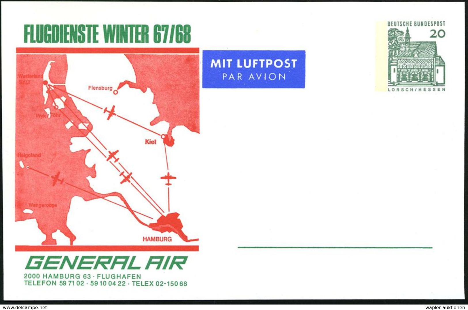 Hamburg 1967 LPP 20 Pf. Lorsch Grün: GENERAL AIR WINTER 67-68 (Flugstrecken Sylt, Helgoland Etc.) Ungebr. (Mi.PP 36/17)  - Altri (Aria)