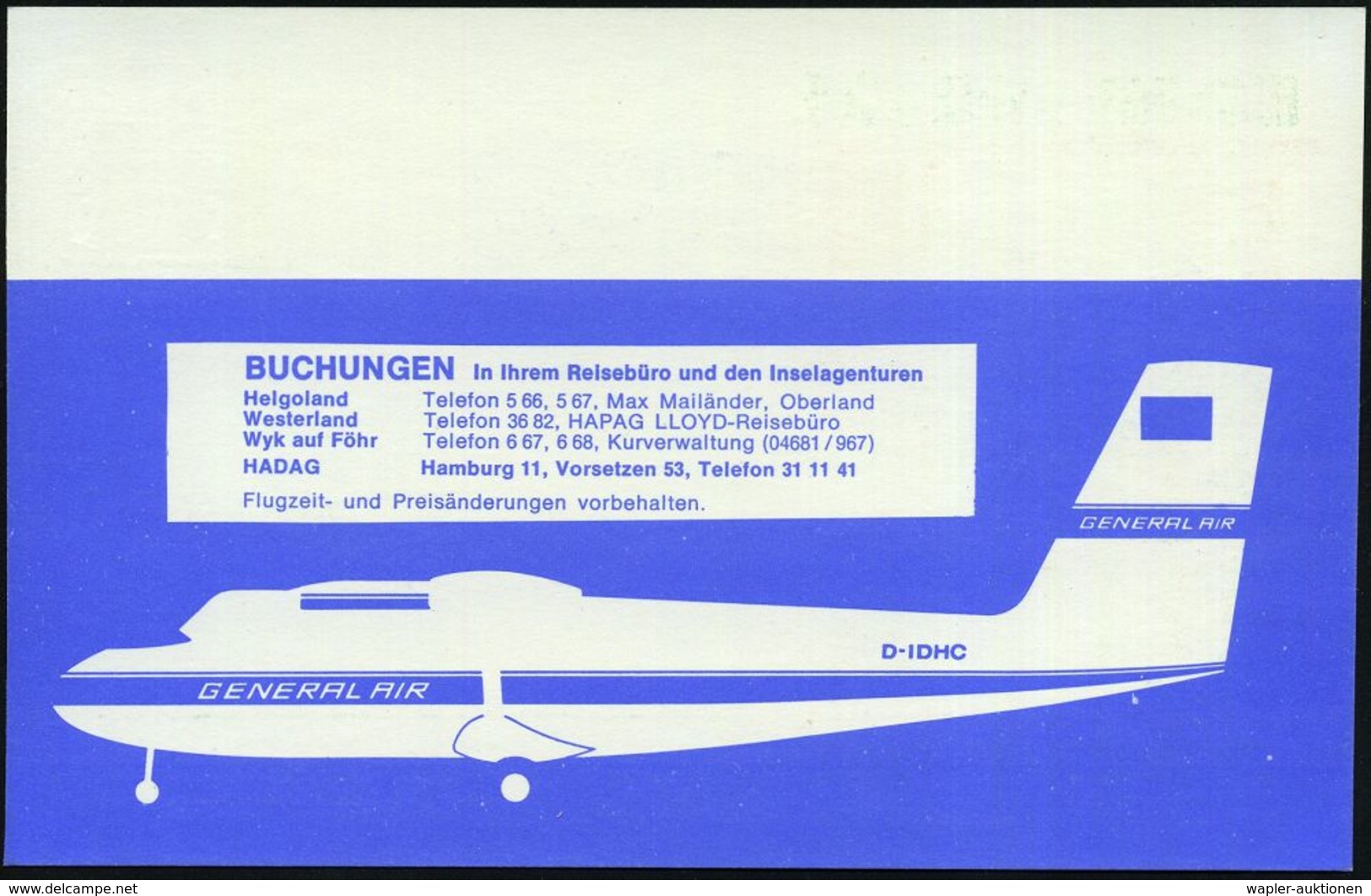 Hamburg 1967 LPP 20 Pf. Lorsch Grün: GENERAL AIR WINTER 67-68 (Flugstrecken Sylt, Helgoland Etc.) Ungebr. (Mi.PP 36/17)  - Andere (Lucht)