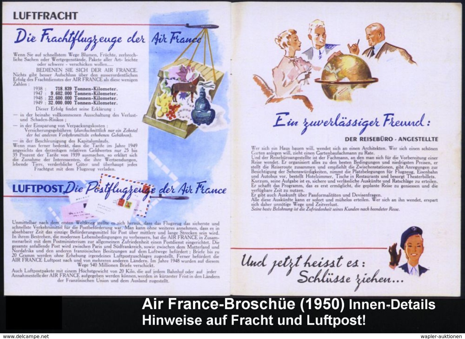 FRANKREICH 1950 Color-Reklame-Heft: "AIR FRANCE ERSCHLIESST IHNEN DIE WELT", 18 Seiten Mit Streckenplänen Und Flugzeug-T - Andere (Lucht)