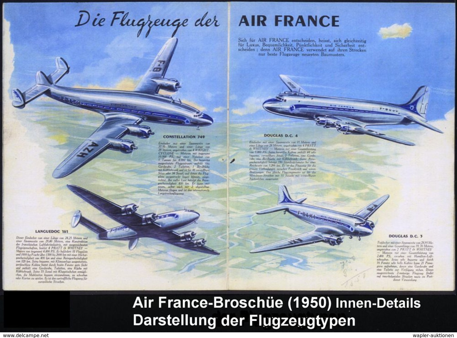 FRANKREICH 1950 Color-Reklame-Heft: "AIR FRANCE ERSCHLIESST IHNEN DIE WELT", 18 Seiten Mit Streckenplänen Und Flugzeug-T - Andere (Lucht)