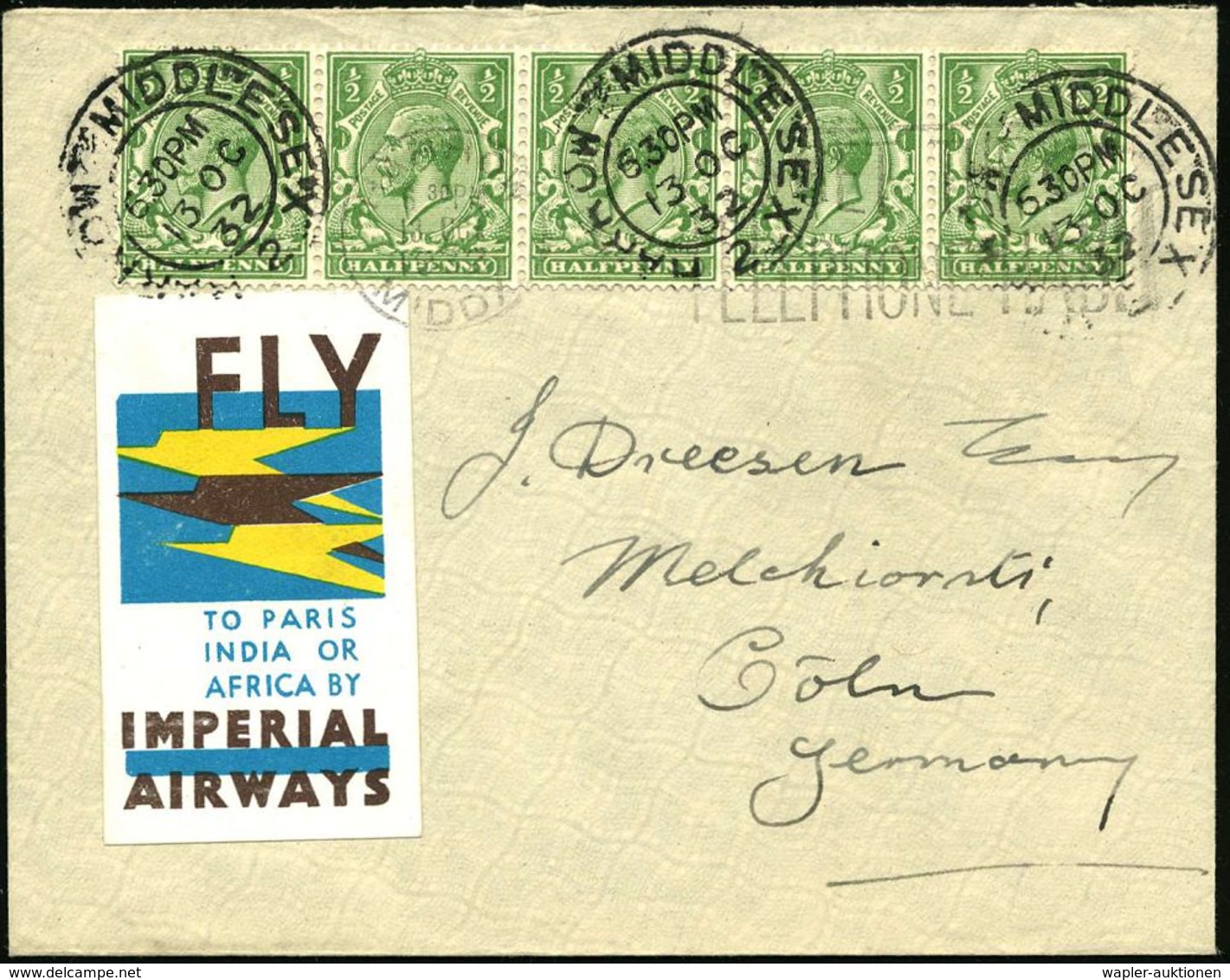 GROSSBRITANNIEN 1932 (13.10.) Ungez. Reklame-Vignette: FLY TO PARIS/INDIA OR AFRICA BY/IMPERIAL/AIRWAYS + Rs. Weitere Vi - Andere (Lucht)