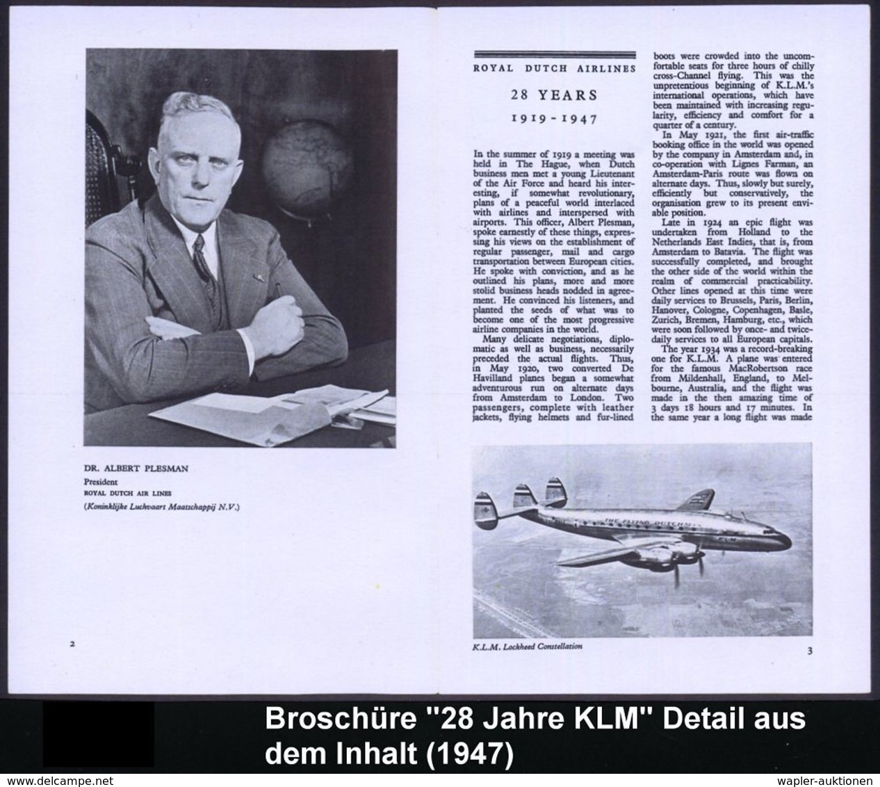 NIEDERLANDE 1947/55 Fluggesellschaft "KLM", 3 Verschiedene, Hochformatige Prospekte: "Hamburg..", "The First 28 Years" ( - Altri (Aria)