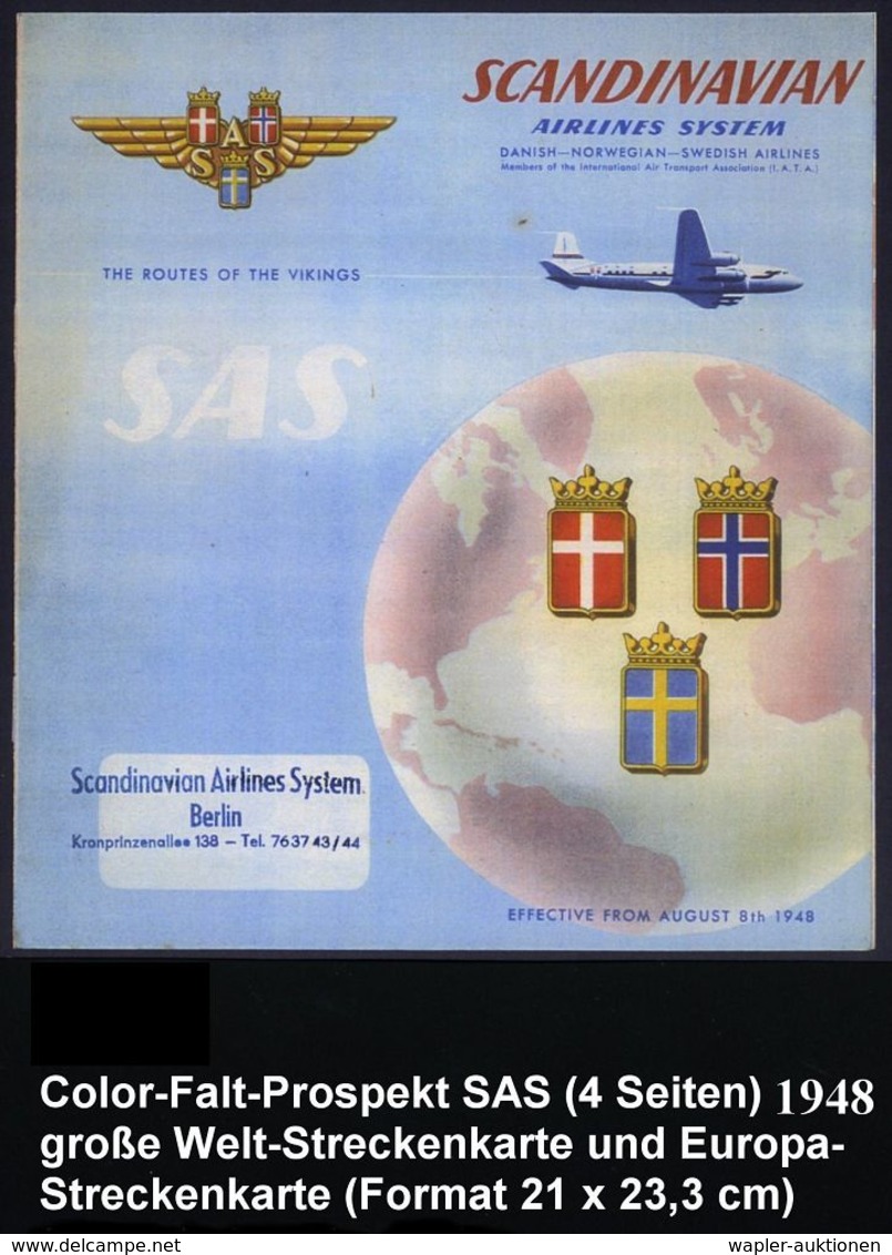 SCHWEDEN 1948 SAS-Falt-Prospekt (4 Seiten) Und Reklameblatt (2 Seiten) Rs. Streckennetzt Europa Bzw. Welt , Gute Ergaltu - Autres (Air)