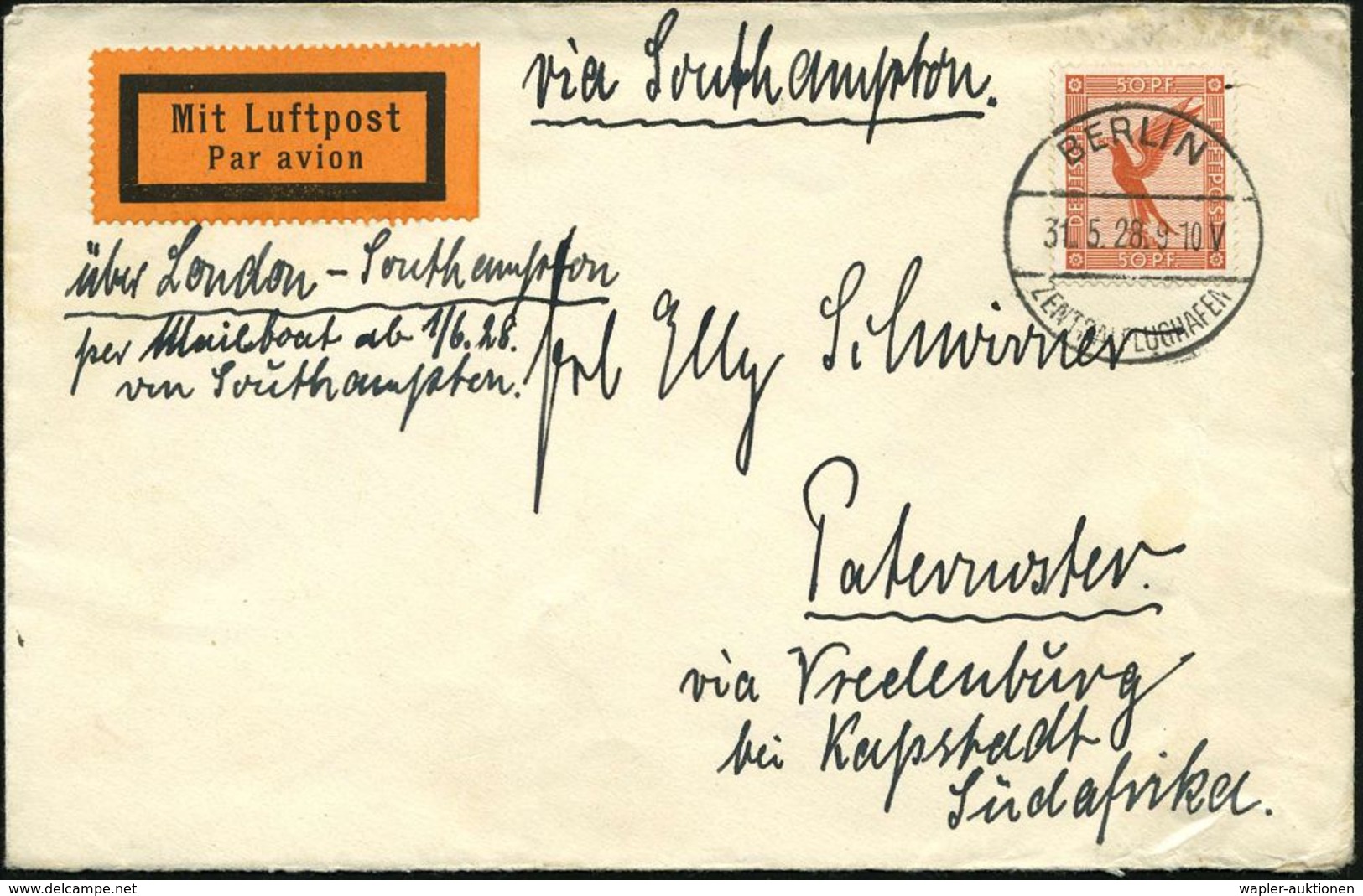 BERLIN/ ZENTRALFLUGHAFEN 1928 (31.5.) 1K-Brücke = Hauspostamt Flughafen Tempelhof Auf EF 50 Pf. Adler ,klar Gest. Misch- - Andere (Lucht)