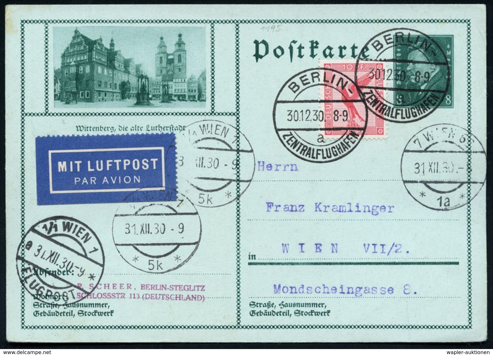 BERLIN-/ A/ ZENTRALFLUGHAFEN 1930 (30.12.) !K-Brücke (Mi.A 4-07 A) Auf 8 Pf. Ebert BiP Grün: Wittenberg, Die Alte Luther - Sonstige (Luft)