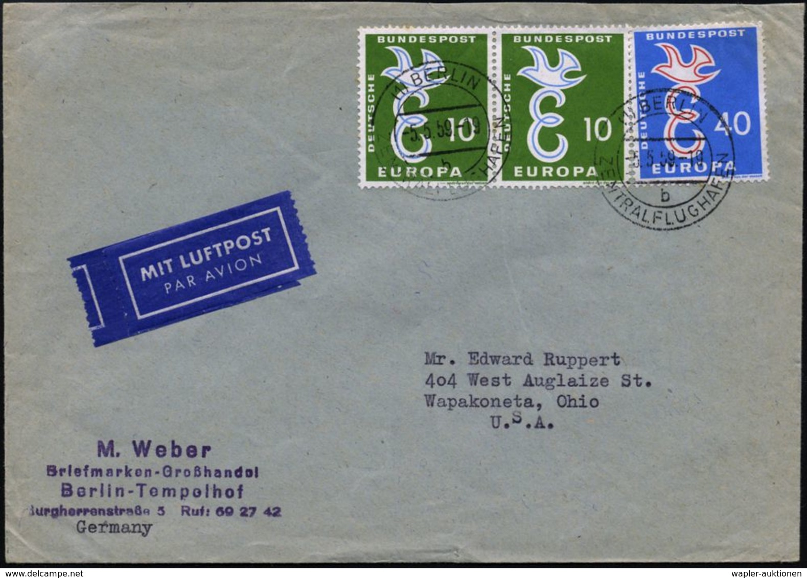 (1) BERLIN/ B/ ZENTRALFLUGHAFEN 1959 (5.5.) 2K-Steg = Hauspostamt Flughafen Tempelhof , 2x Klar Auf überkompl. Satz CEPT - Andere (Lucht)