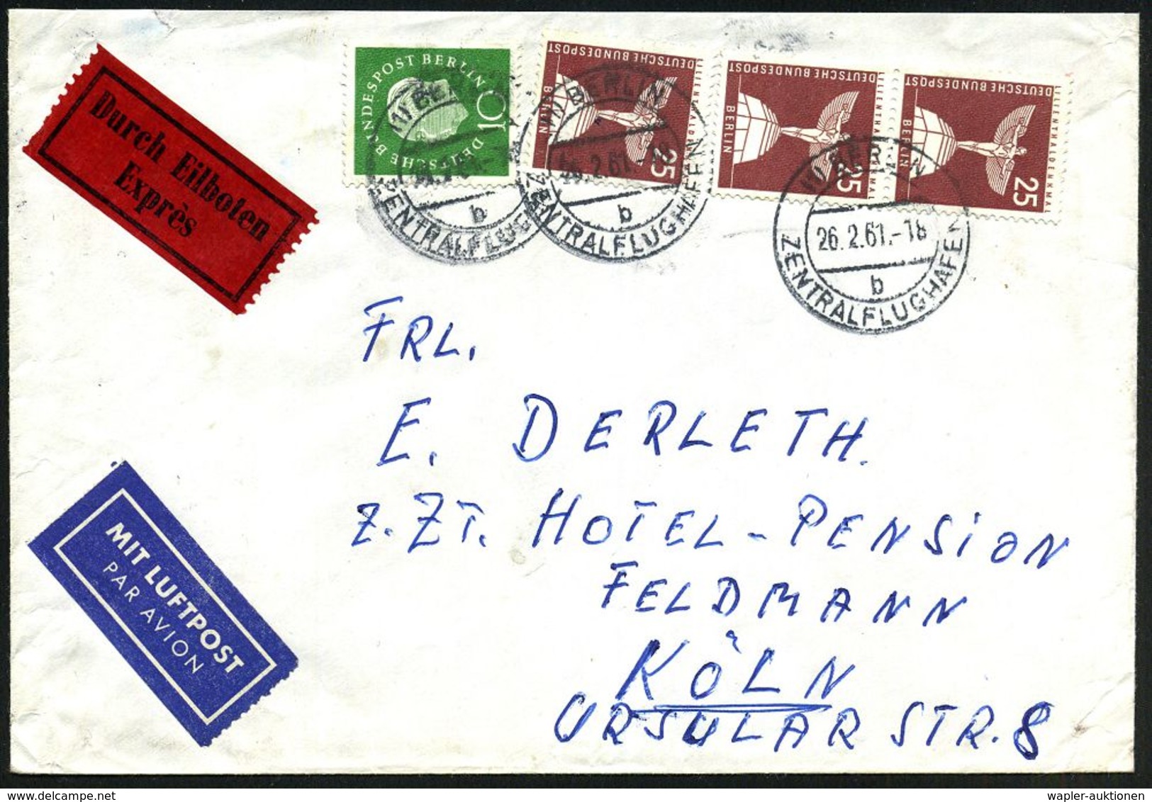 (1) BERLIN/ B/ ZENTRALFLUGHAFEN 1961 (26.2.) 2K-Steg 3x = Hauspostamt Flughafen Tempelhof Auf 3x 25 Pf. Lilienthal-Denkm - Andere (Lucht)