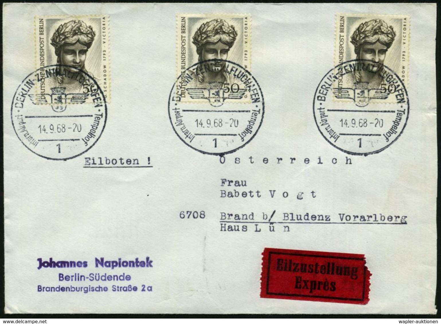 1 BERLIN-ZENTRALFLUGHAFEN/ Tempelhof/ Intern.Airport 1968 (14.9.) HWSt = Hauspostamt Flughafen Tempelhof 3x Auf 3x 50 Pf - Autres (Air)