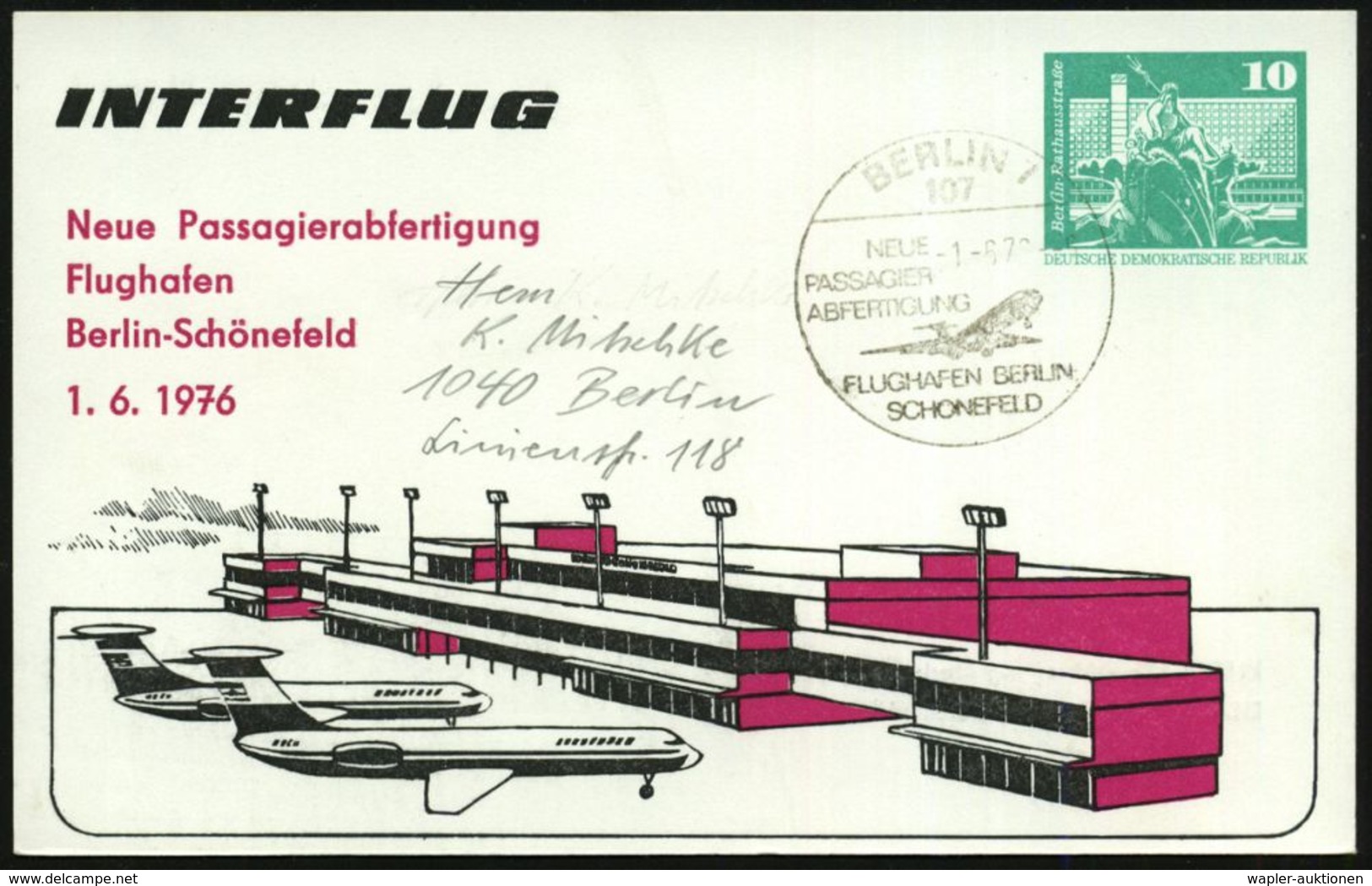 107 BERLIN 7/ NEU/ PASSAGIER/ ABFERTIGUNG/ FLUGHAFEN BERLIN/ SCHÖNEFELD 1976 (1.6.) SSt Auf PP 10 Pf. Neptunbrunnen, Grü - Otros (Aire)