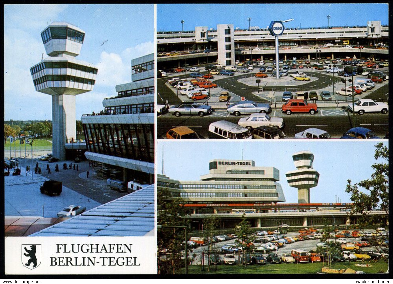 Berlin-Tegel 1977 (21.8.) PP 40 Pf. Burgen, Blaugrün: FLUGHAFEN BERLIN-TEGEL.. LUPOSTA'77 = 3 Ansichten Terminal (u. Rs. - Altri (Aria)