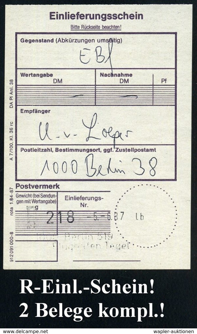 1000 BERLIN 519 FLUGHAFEN TEGEL/ Internat.Airport 1987 (5.6.) HWSt = Hauspostamt Flughafen Tegel Auf ATM Berlin 250 Pf.  - Sonstige (Luft)