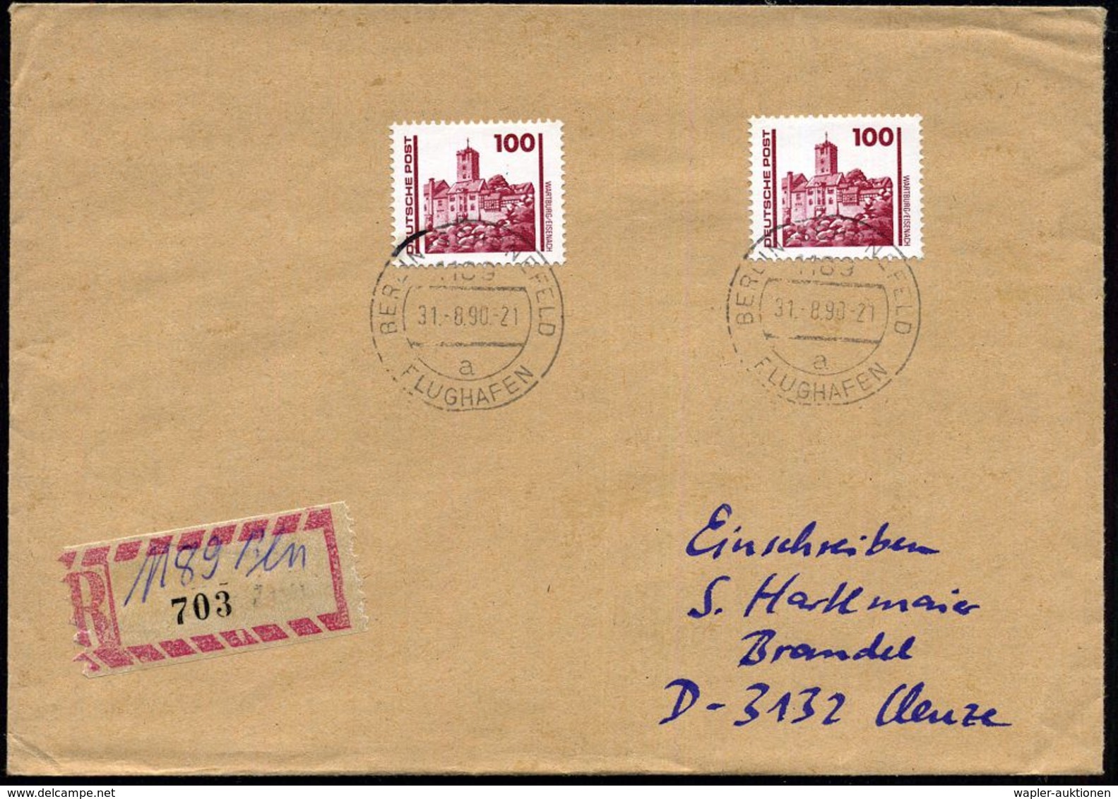 1189 BERLIN-SCHÖNEFELD/ A/ FLUGHAFEN 1990 (31.8.) 1K Auf 2x 100 Pf. VGO Wartburg + Provis. RZ: 1189 Bln = Hs. Auf Blanco - Andere (Lucht)