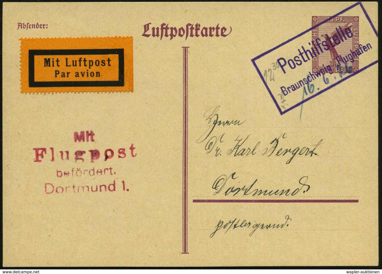 Braunschweig Flughafen/ Posthilfsstelle 1926 (16.6.) Viol. Ra.2 + Hs. Datum , Inl.-LP 15 Pf. Adler (Mi.P 168, + 24.- EUR - Sonstige (Luft)