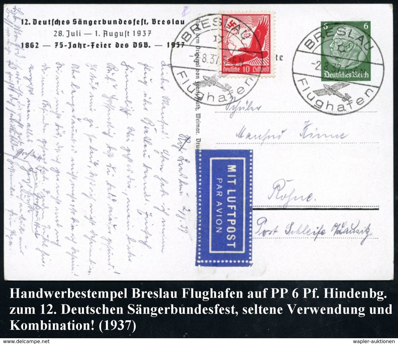 BRESLAU */ Flughafen 1937 (2.8.) HWSt Mit Flugzeug = Hauspostamt Flughafen 2x Auf PP 6 Pf. Hindnbg., Grün: 12. Deut-sche - Autres (Air)