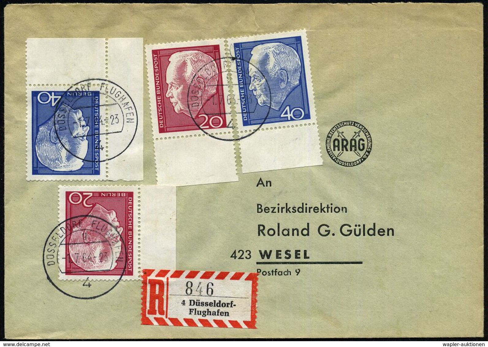 4 DÜSSELDORF - F L U G H A F E N / G 1964 (1.7.) 1K = Hauspostamt Flughafen 3x + Sonder-RZ: 4 Düsseldorf-/Flughafen , Kl - Altri (Aria)