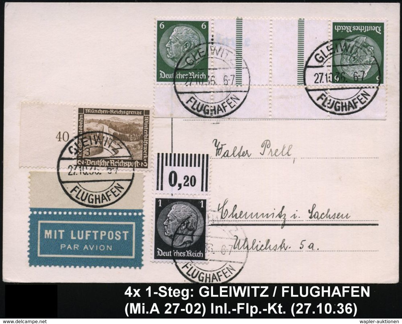 GLEIWITZ/  F L U G H A F E N 1936 (27.10.) 1K-Brücke 4x Klar Auf 15-Pf.-Frankatur, Inl.-Flp.-Kt. (Mi.A 27-02) - - Andere (Lucht)