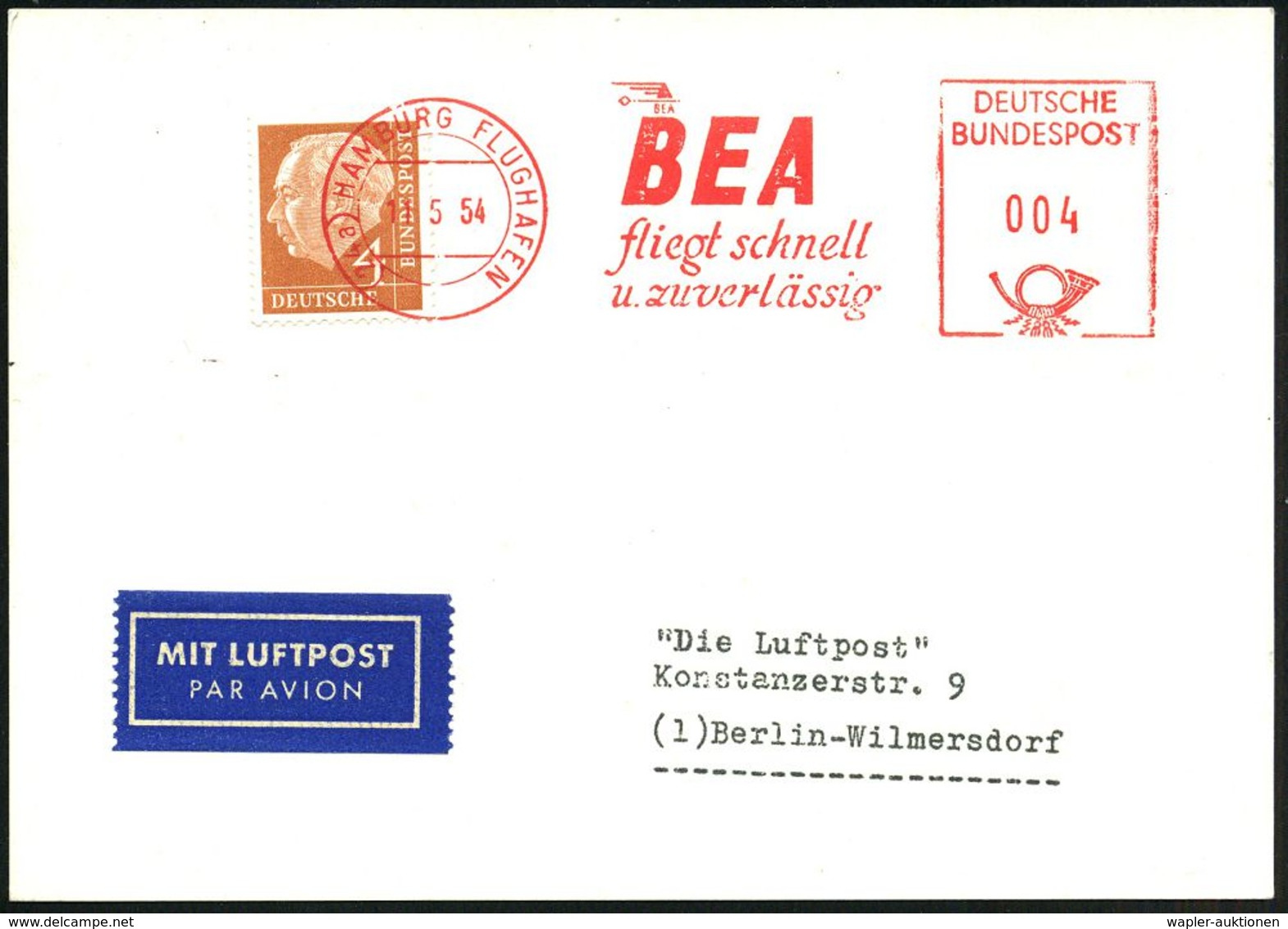 (24a) HAMBURG  F L U G H A F E N / BEA/ Fliegt Schnell/ U.zuverlässig 1954 (11.5.) AFS 004 Pf. Auf 4 Pf. Heuss = Vorause - Autres (Air)