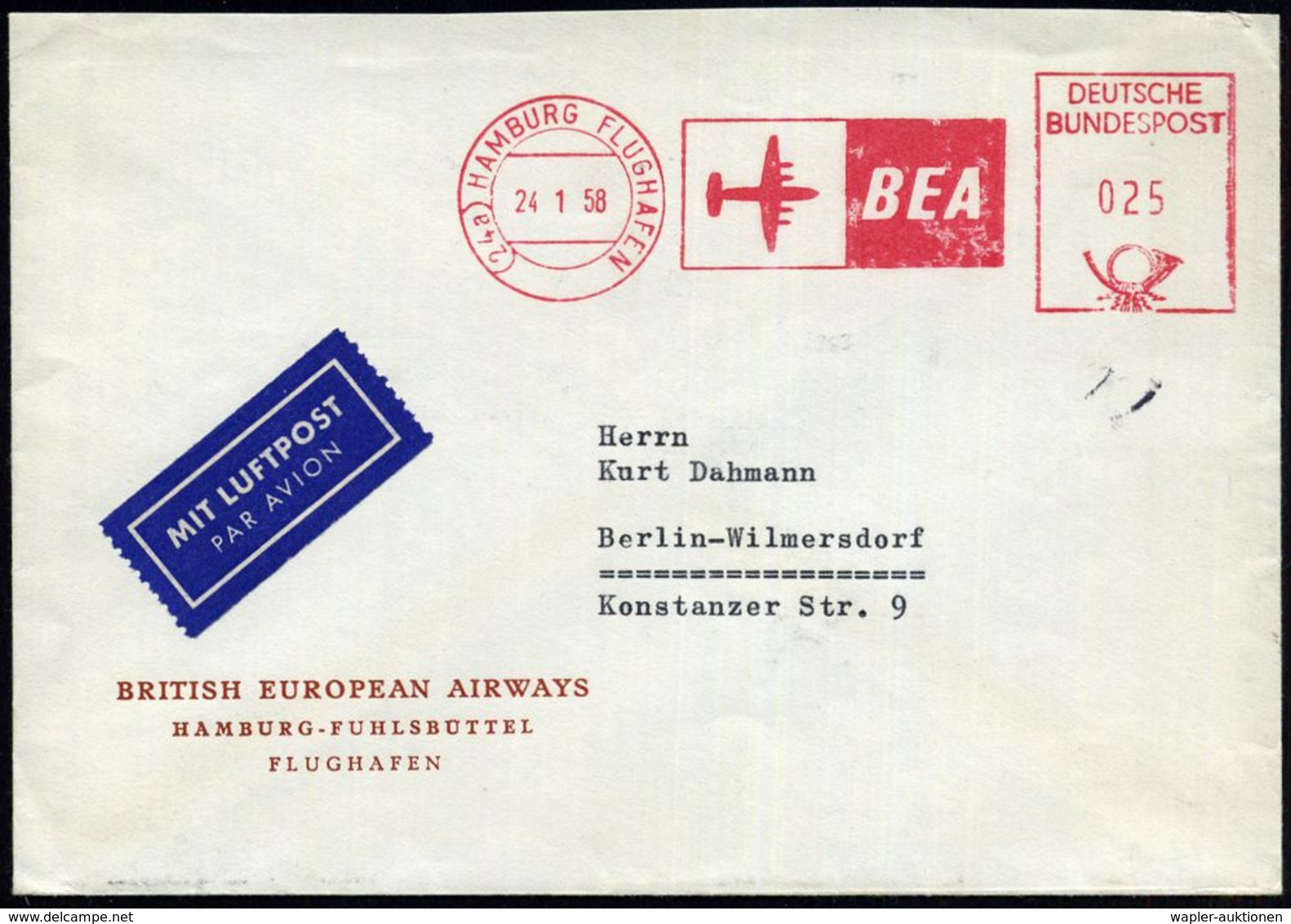 (24a) HAMBURG FLUGHAFEN/ BEA 1958 (24.1.) AFS 025 Pf. = Hauspostamt Flughafen (stilis. Flugzeug) Firmen-Bf.: BEA.. HAMBU - Altri (Aria)