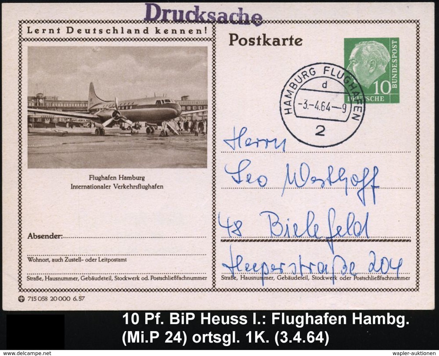 2 HAMBURG FLUGHAFEN/ D 1964 (3.4.) 1K = Hauspostamt Flughafen Fuhlsbüttel Klar Auf Passender BiP 10 Pf. Heuss: Flughafen - Sonstige (Luft)