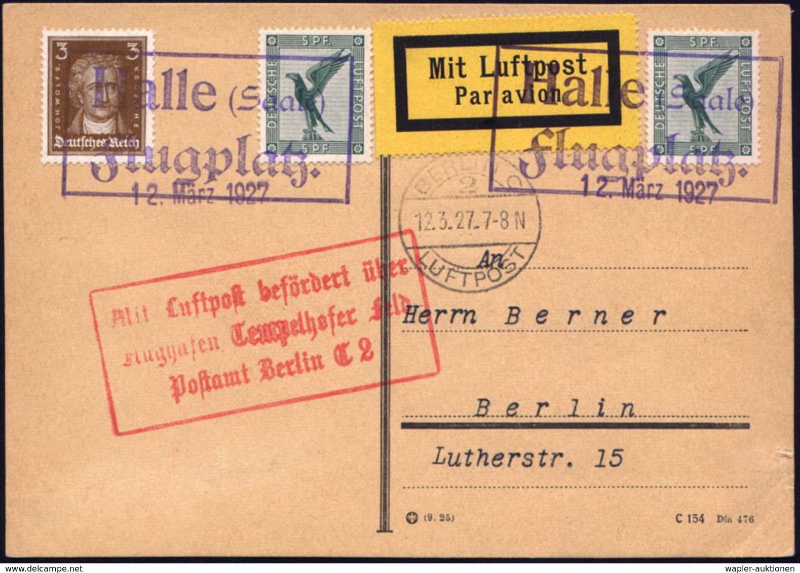 Halle (Saale)/ Flugplatz 1927 (12.3.) Provis. Viol. Ra2 + Datums-1L 2x (Mi.A 32-01-a, + 40.-EUR) 2x 5 Pf. Adler (Mi.378  - Andere (Lucht)