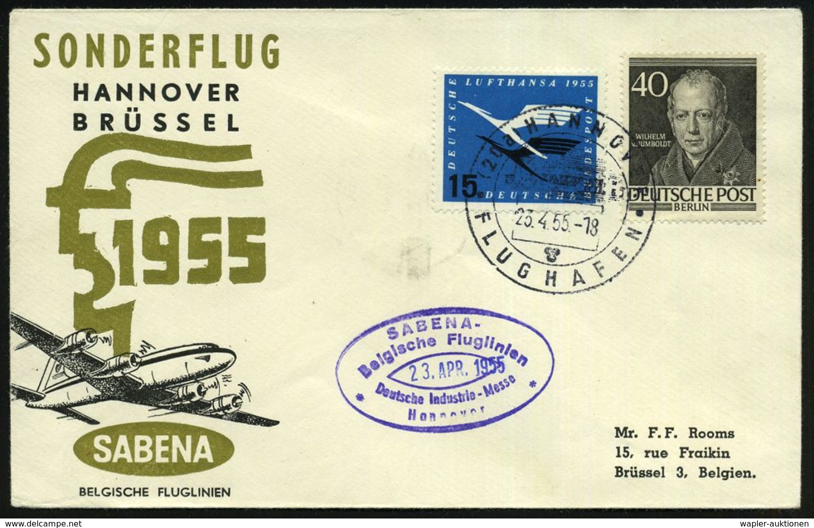 (20a) HANNOVER/ FLUGHAFEN 1955 (23.4.) HWSt (Bo.108 Ty.I) Auf DLH 15 Pf. Etc. + Viol. Oval-HdN: SABENA/..Deutsche Indust - Andere (Lucht)