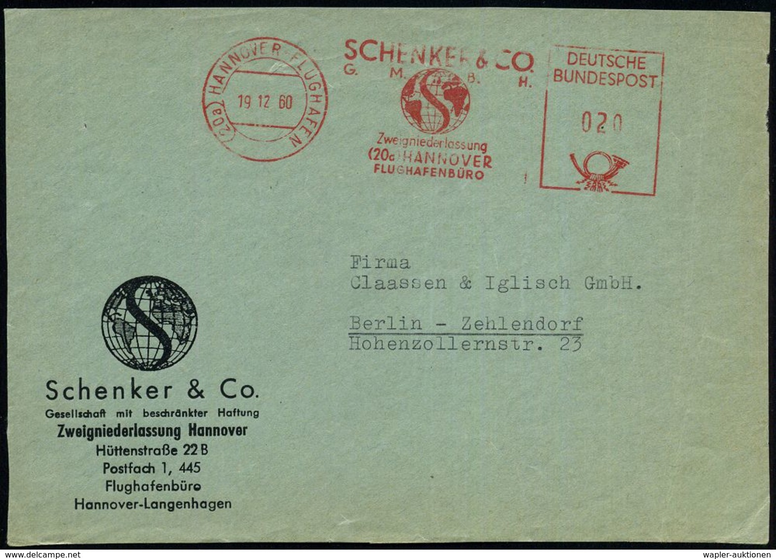 (20a) HANNOVER  F L U G H A F E N / SCHENKER & CO../ FLUGHAFENBÜRO 1960 (19.12.) Seltener AFS (Globus = Spedition) Motiv - Otros (Aire)