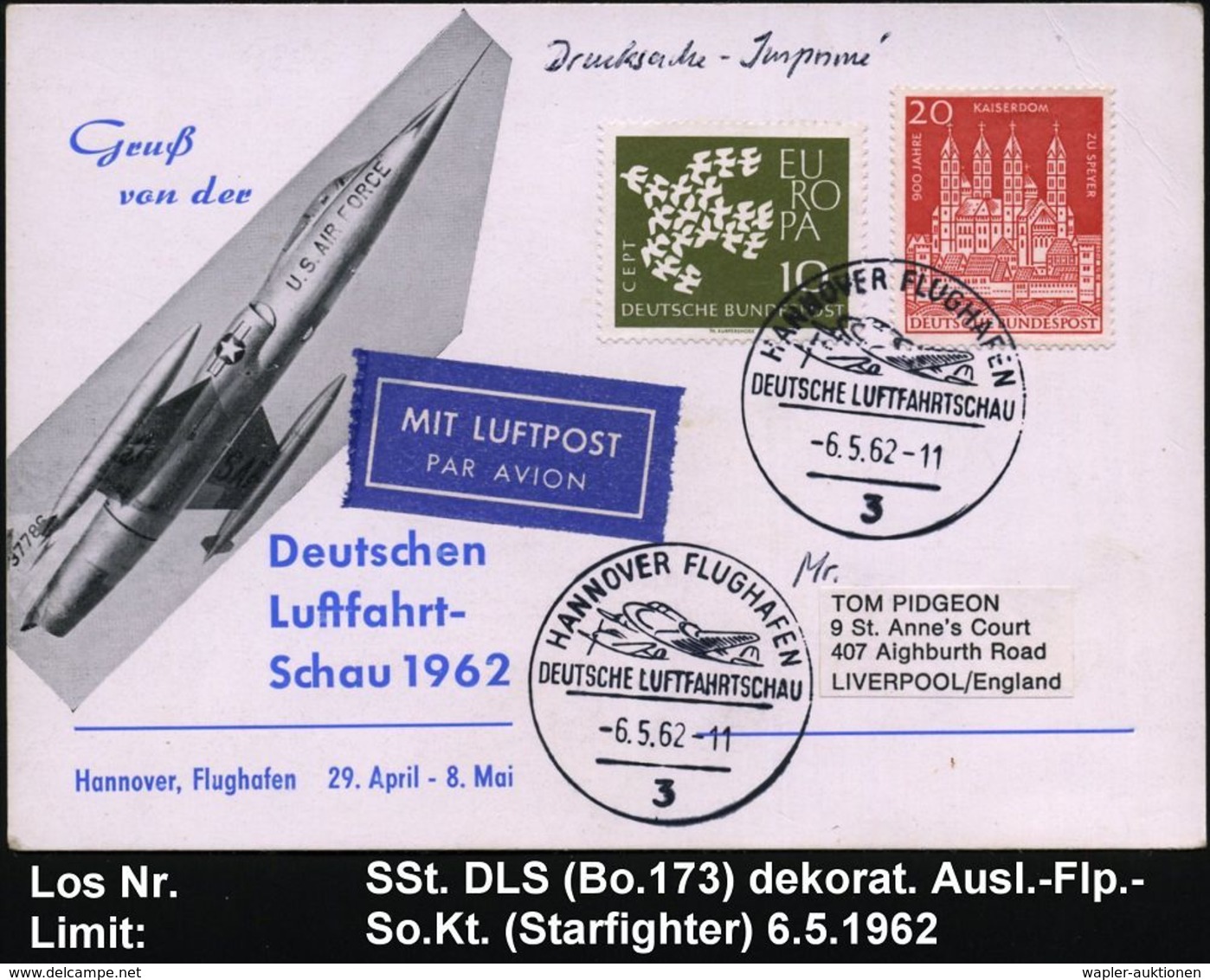 3 HANNOVER FLUGHAFEN/ DEUTSCHE LUFTFAHRTSCHAU 1961 (6.5.) SSt (2 Flugzeuge) Ausst.-Sonder-Kt.: F-104, US "Starfighter",  - Andere (Lucht)