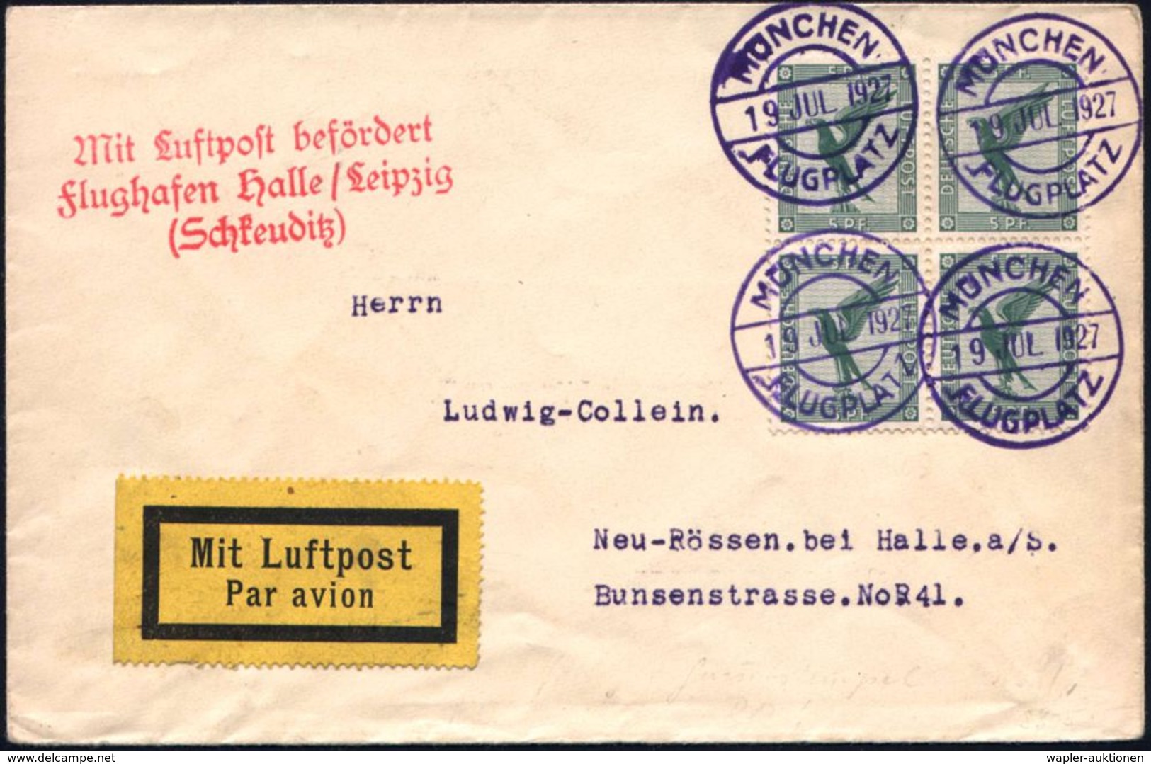 MÜNCHEN/ FLUGPLATZ 1927 (19.7.) Violette 1K-Brücke, Sonderform (Mi.A 48-01 B, Je 17,50 EUR) 4 X Klar Einzeln A. 4er-Bloc - Autres (Air)