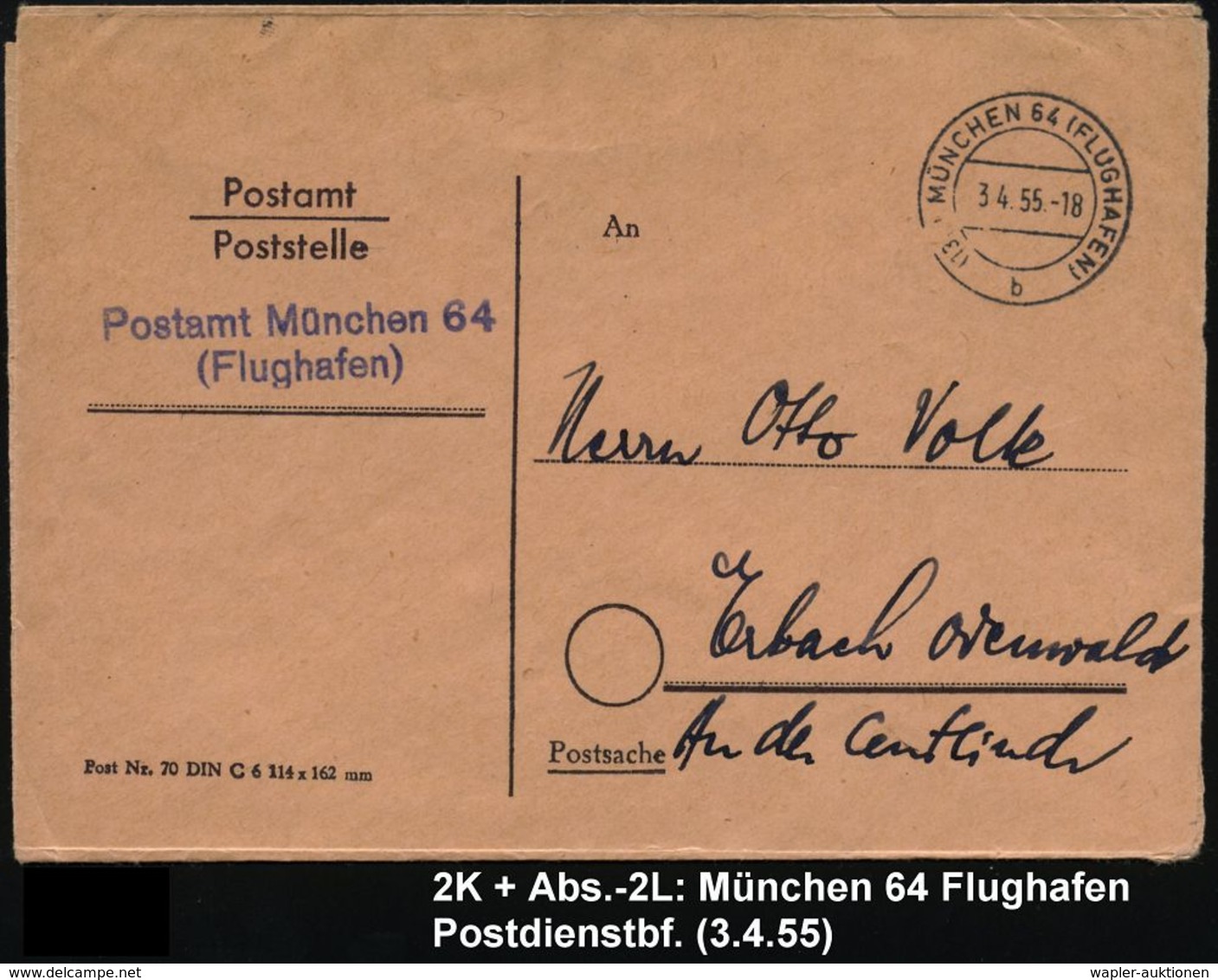 (13b) MÜNCHEN 64 (FLUGHAFEN)/ B 1955 (3.4.) 2K-Steg + Viol. 2L: Postamt München 64/(Flughafen) Auf Postdienst-Bf. - - Altri (Aria)