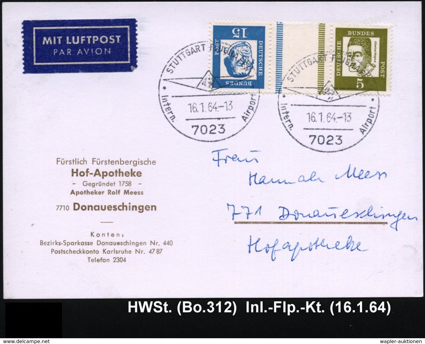 7023 STUTTGART FLUGHAFEN/ Intern.Airport 1964 (16.1.) HWSt = Hauspostamt Flughafen (Logo) 2x Klar Auf Inl.Flp.-Kt. (Bo.3 - Andere (Lucht)