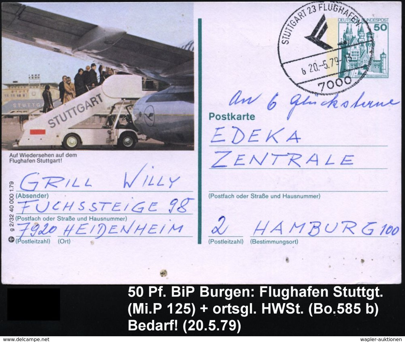 7000 STUTTGART 23 FLUGHAFEN 1979 (20.5.) HWSt Auf 50 Pf. BiP Burgen: Flughafen Stuttgart (Mi.P 125 = Gangway) Bedarfs-Kt - Sonstige (Luft)