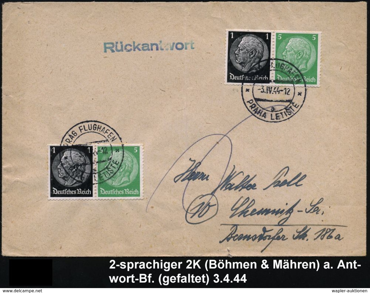 BÖHMEN & MÄHREN 1944 (3.4.) 2K-Steg: PRAG FLUGHAFEN/a/ PRAHA LETISTE 2x Auf DR-Automaten-Frankat. (Hindenbg.-Zus.Dr.) Rü - Altri (Aria)