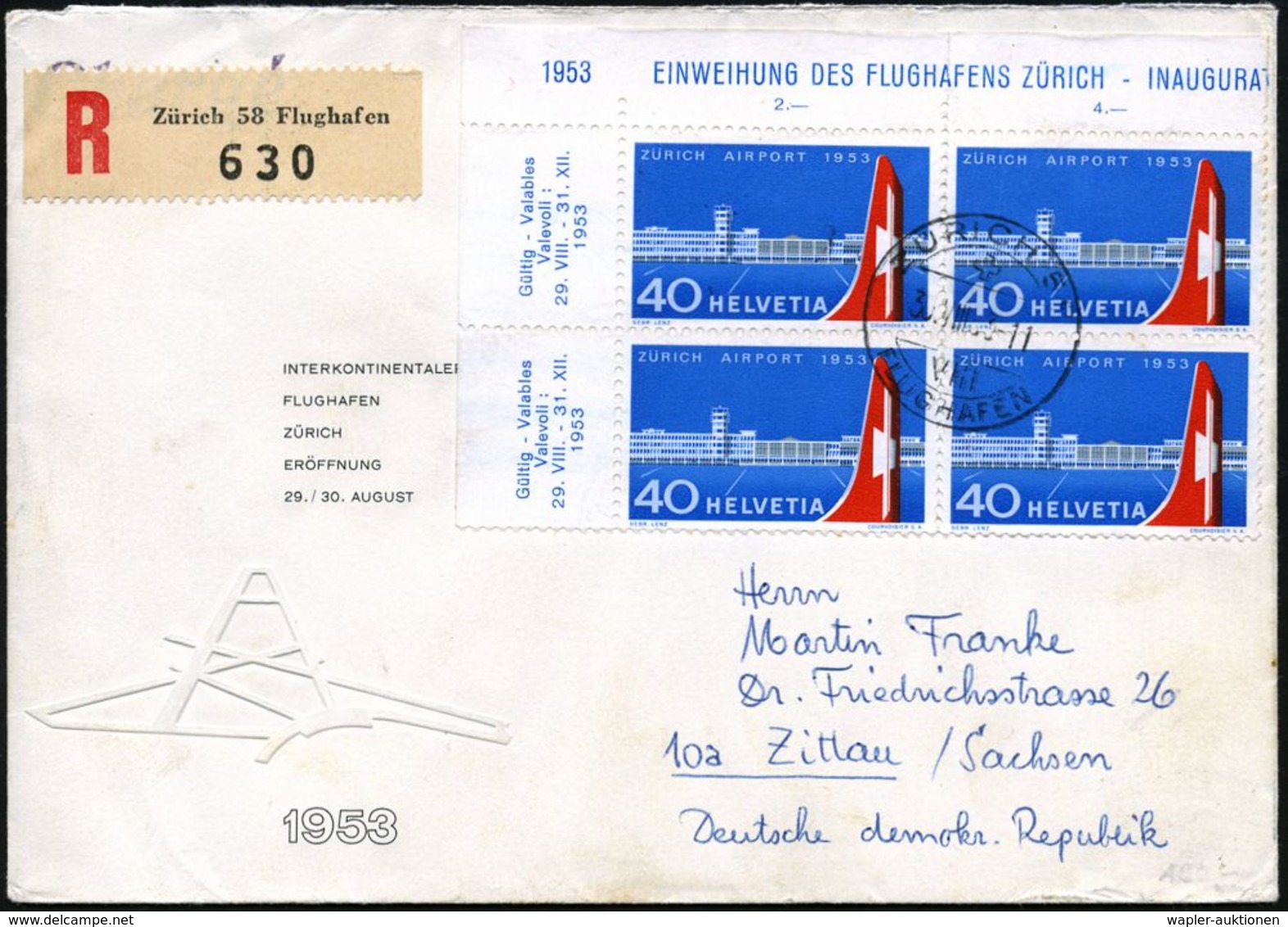 SCHWEIZ 1953 (30.8.) 40 C. "Einweihung Flughafen Zürich", Reine MeF: Bogen-Eckrand-4er-Block M. Randinschrift Klar Zentr - Other (Air)