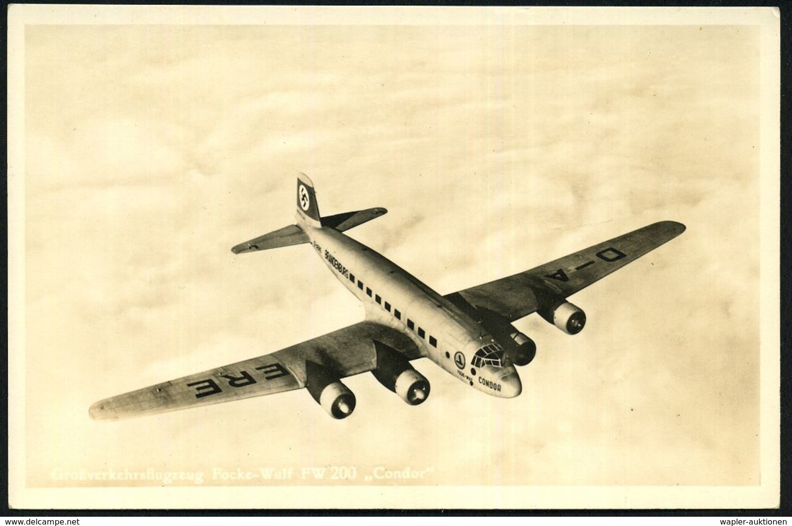 DEUTSCHES REICH 1938 (ca.) S/w.-Foto-Ak.: Langstrecken-Passgierflugzeug Focke-Wulf "Fw 200 Condor" , Ungebr. Mit Freigab - Avions